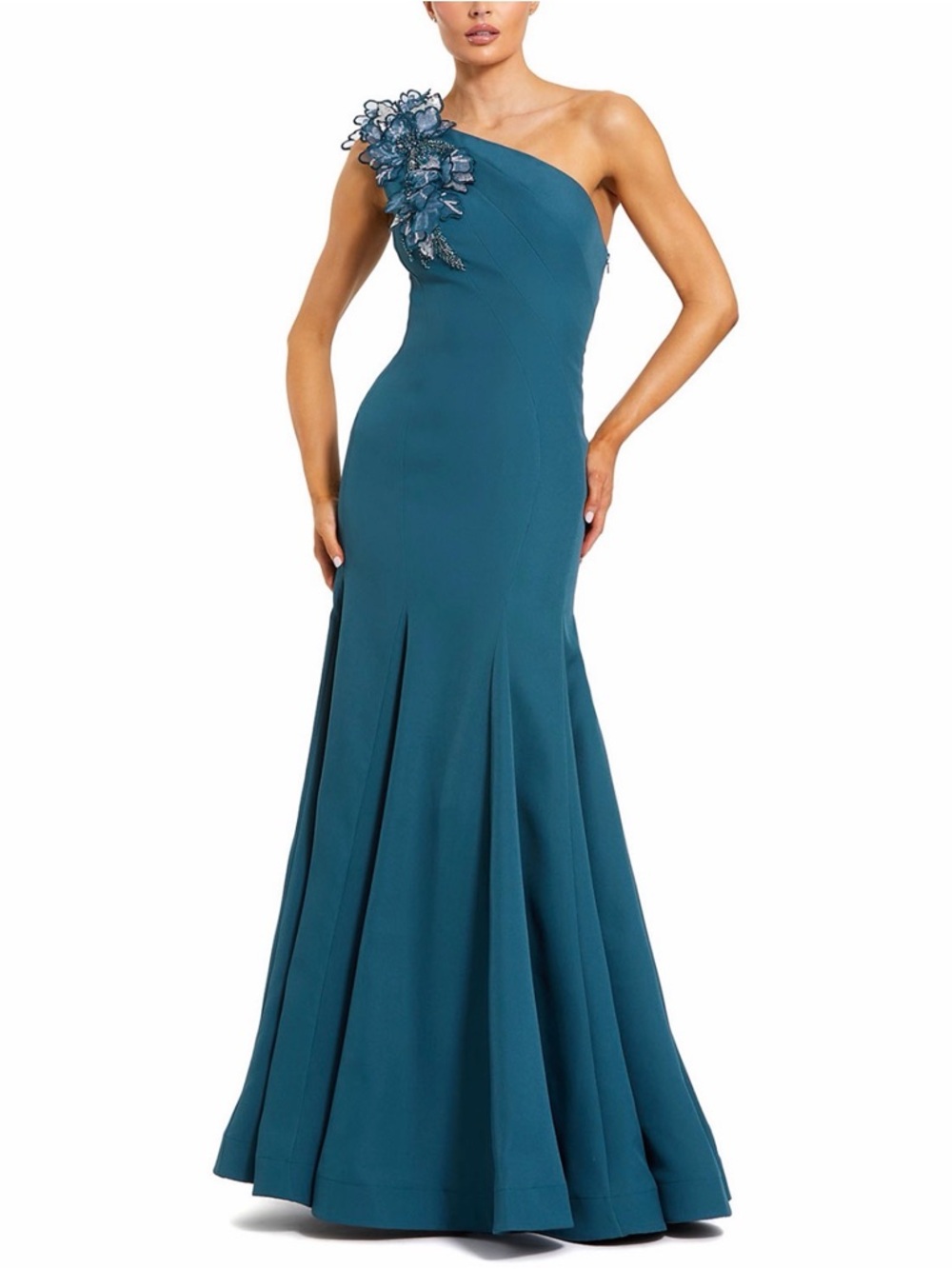 Mac Duggal Teal One-Shoulder Evening Gown with Floral Appliqué